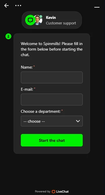 Spin Mills Live chat window for sending a request