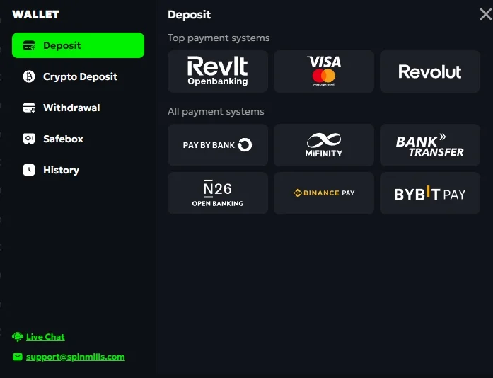 Spin Mills Casino payment menu